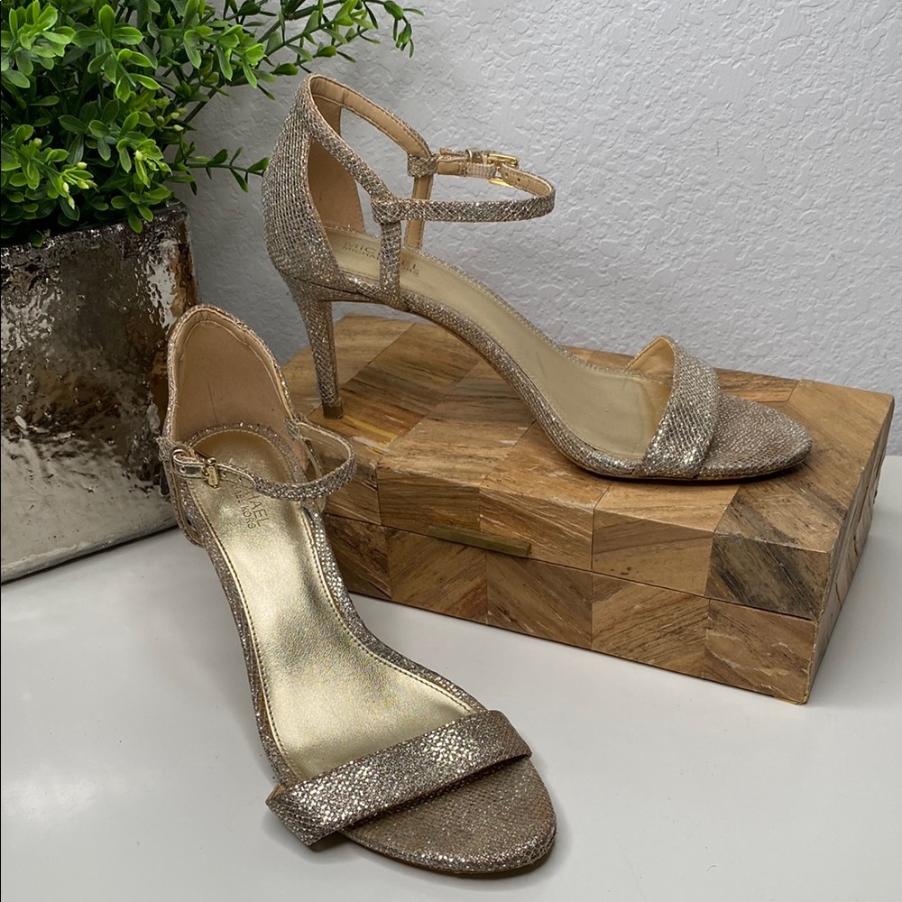 Michael Kors Simone Sandal Champagne Glitter Open Toe‎ Stiletto Ankle Strap Sz 8